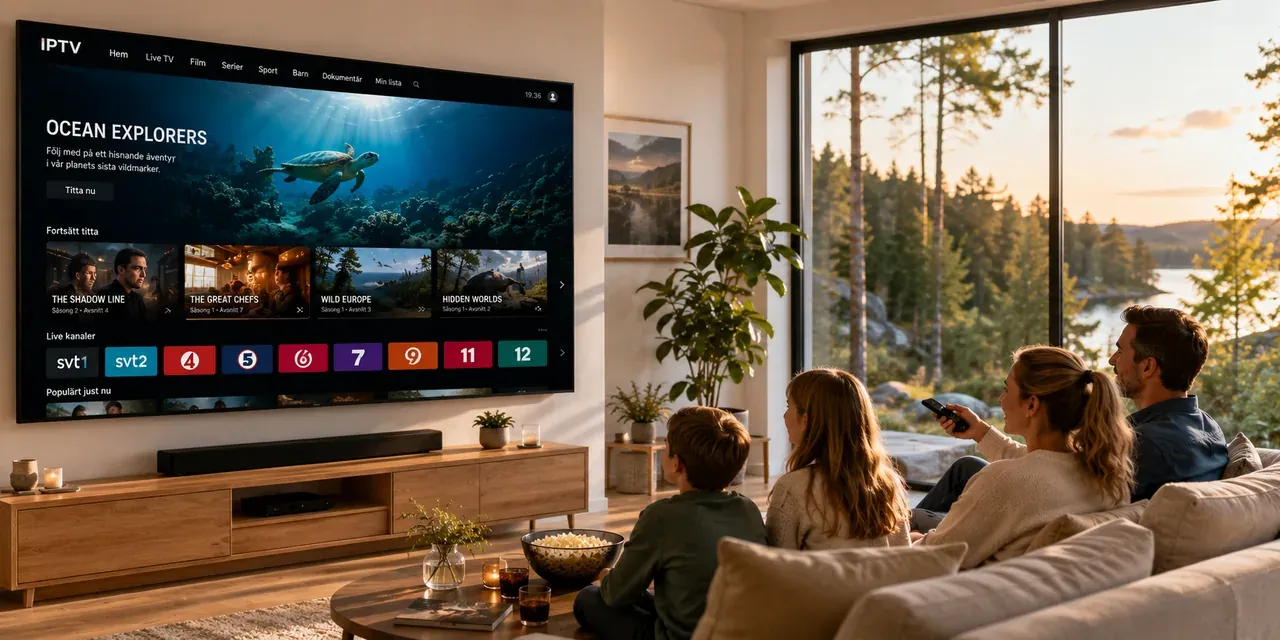Familj tittar på dokumentärer och live-TV-kanaler via IPTV hemma