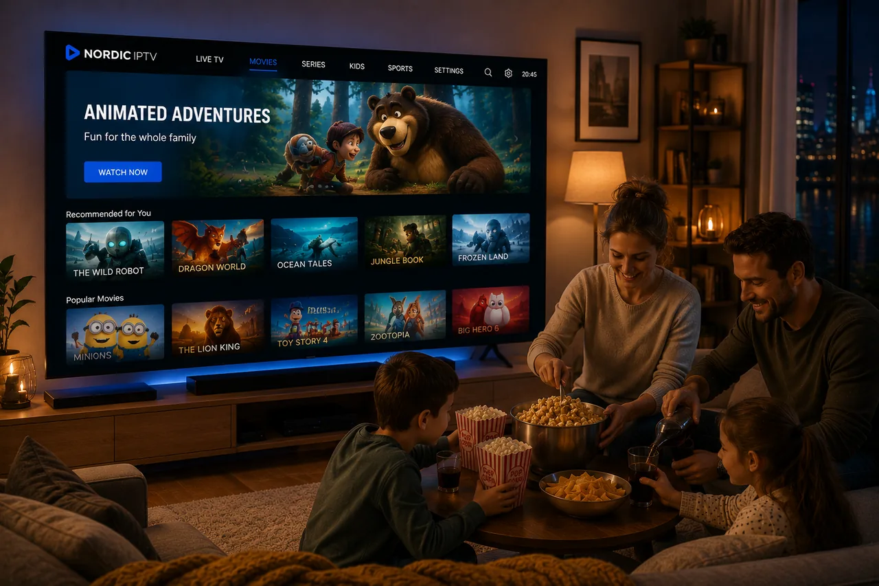 Familj tittar tillsammans på barnvänligt innehåll på en smart-TV