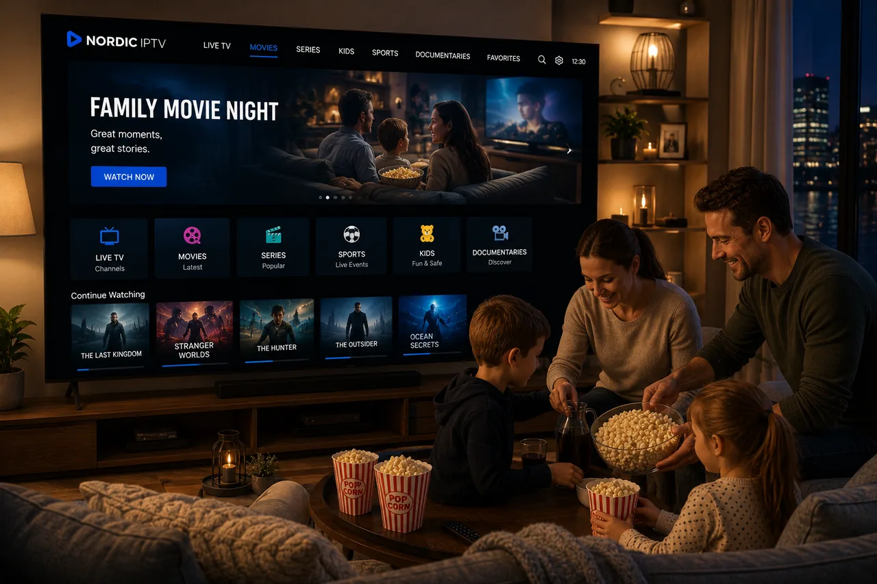 Familj som samlas för en gemensam filmkväll och streamar via IPTV