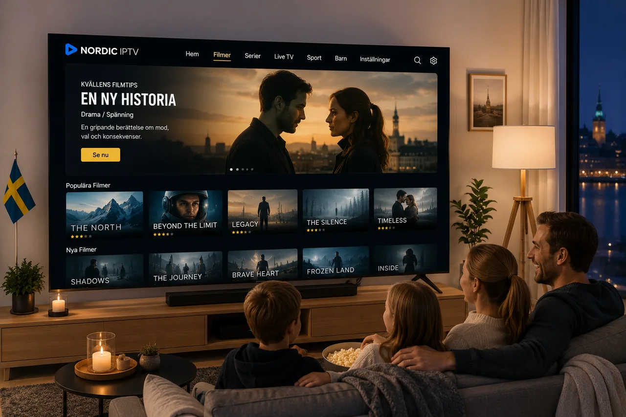 Familj samlad i soffan som streamar film på en stor smart-TV