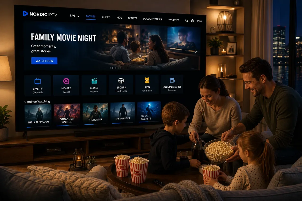 Familj samlad för en gemensam filmkväll via IPTV