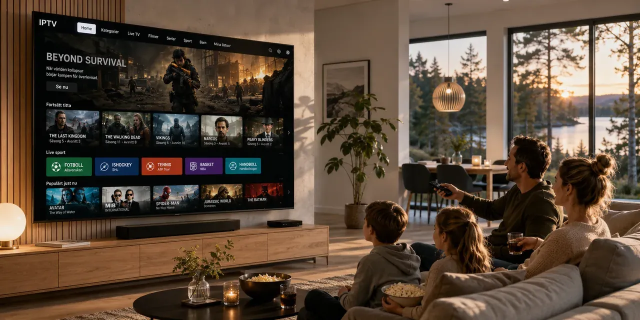 Familj streamar film och live sport tillsammans via IPTV på stor-TV