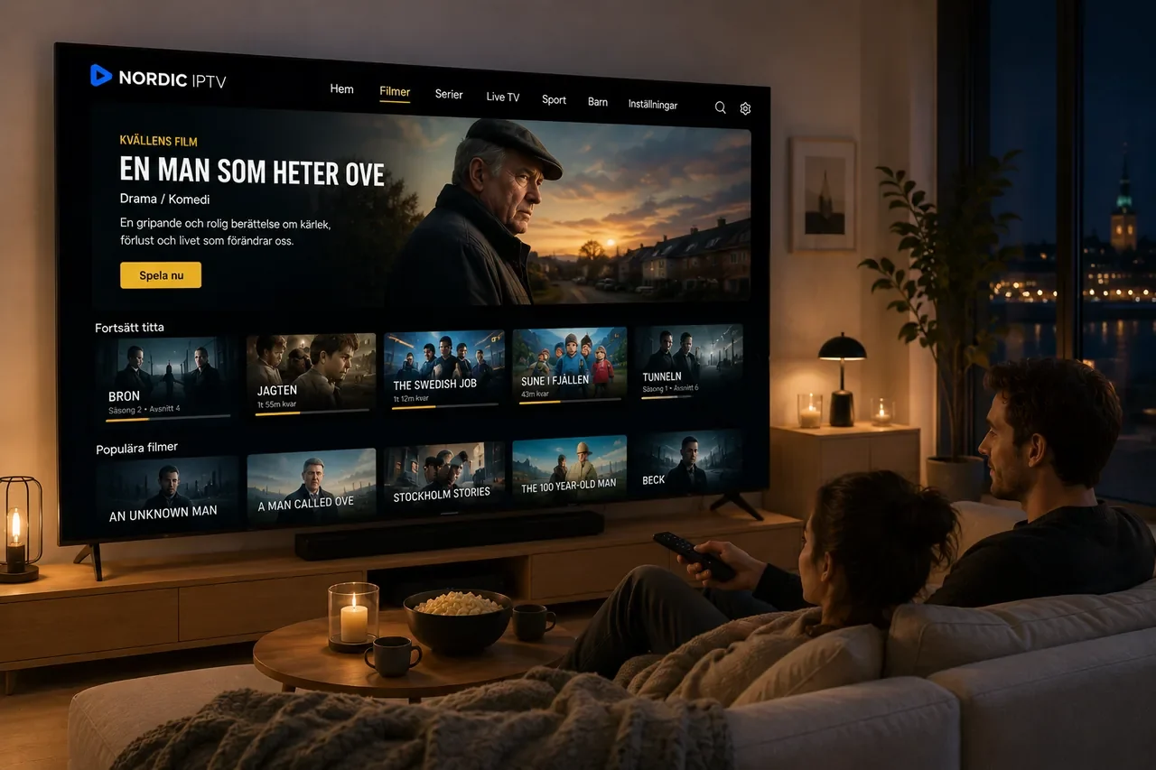 Par har filmkväll med popcorn framför en stor smart-TV