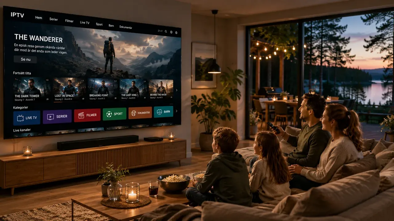 Familj väljer bland kategorier på en stor smart-TV en mysig kväll