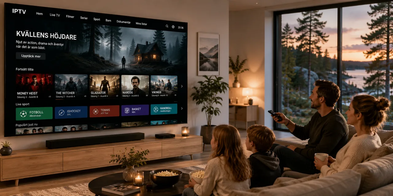 Stor smart-TV som visar serier och live sport via IPTV i vardagsrummet