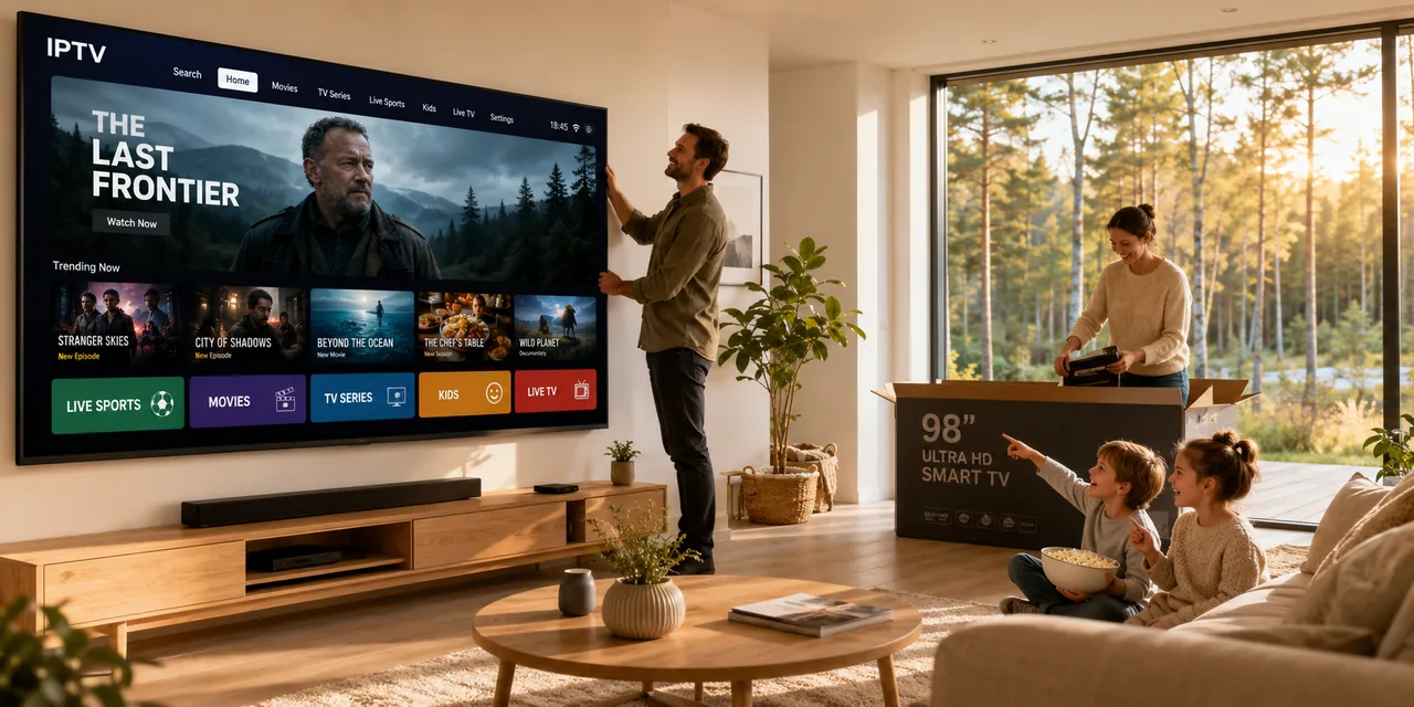 Familj installerar och streamar på en ny smart-TV i vardagsrummet