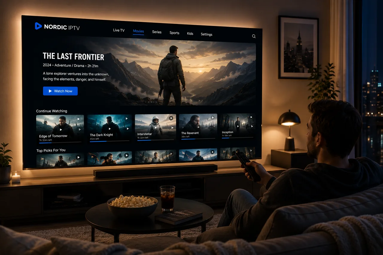 Man streamar film via IPTV på en stor smart-TV i vardagsrummet