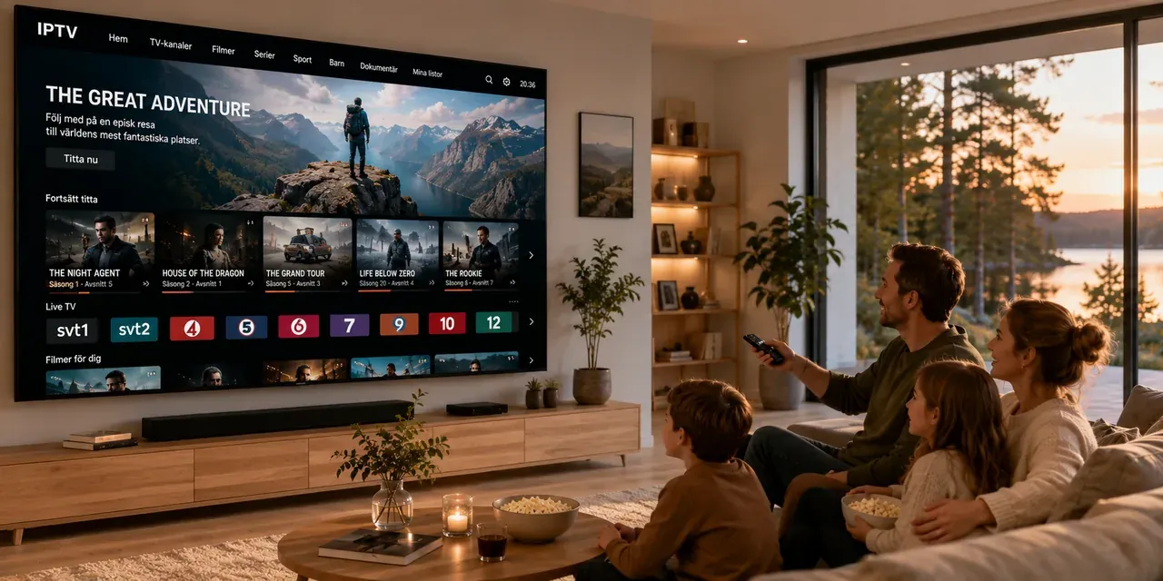 Familj bläddrar bland TV-kanaler och filmer via IPTV på smart-TV